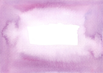 Pink and purple watercolor, abstract background frame with a white place in the center for text, hand-drawn. Template, banner for a business card, flyer, label, design, decoration. Watercolor splash
