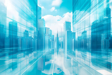 background,futuristic cityscape with gleaming glass skyscrapers,towering structures, set against backdrop soft,serene clouds,symbolizing forward-thinking of modern urban development,rich blue palette