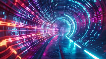 Fototapeta premium Diving into the digital vortex a neon infused cyber tunnel