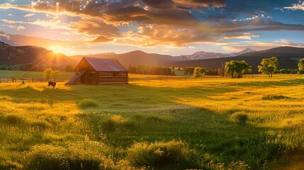 Cabin Sunrise Over Fresh Green Fields