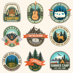 Naklejka premium Set of Summer camp patches. Vector. Concept for shirt or logo, print, stamp, patch or tee. Stickers with guitar, rv trailer, camping tent, forest, mountain.