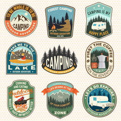 Set of Summer camp patches. Vector. Concept for shirt or logo, print, stamp, patch or tee. Stickers with steak in a pan, kayaker, bear, campfire, forest, mountain.