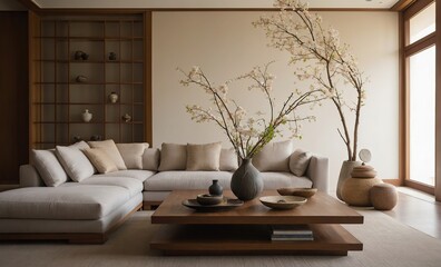 The interior of an elegant and serene living room with Asian influences blends cultural aesthetics and eastern influence harmoniously to create a peaceful, Zen-inspired atmosphere.