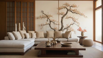 A tasteful and peaceful living room with an Asian influence that harmoniously combines Eastern influence and cultural aesthetics for a zen-inspired atmosphere.
