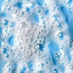 Lush white foam on a blue background, the structure of soap bubbles. Abstract background.