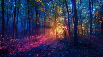Forest Mystery: A neon photo depicting the mystery of a forest, with shadows and light playing among the trees