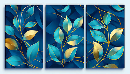 Set of three vertical banners with golden and blue leaves on turquoise background