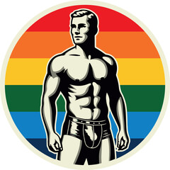 Round icon, vector logo: a muscular gay guy in leather shorts on the background of the LGBTQ+ flag