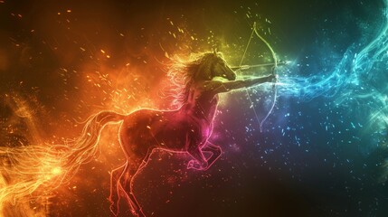 Neon Fantasy Creatures Centaurs: A photo of imaginary creatures like centaurs depicted in neon colors - obrazy, fototapety, plakaty