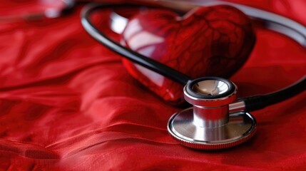 Black stethoscope and red heart, close-up. Healthcare. The concept of cardiology. The concept of health insurance. Cardiology.