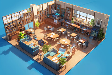 Modern Library Cafe with Bookshelves and Coffee Stations 3D Illustration