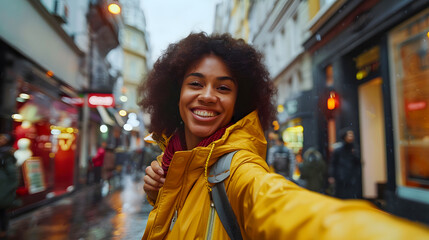 Woman in the rain taking a selfie. Generative AI