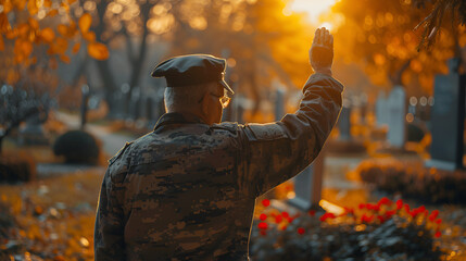 American Senior War Veteran saluting his fallen comrade