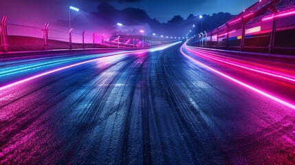 Racing Tracks Neon Lights: A photo featuring empty racing tracks illuminated by neon lights