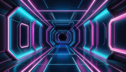 flying futuristic background lines light ultraviolet blue laser pink spectrum illustration fluorescent neon mirror endless corridor geometric abstract 3d tunnel technology design digital geometry