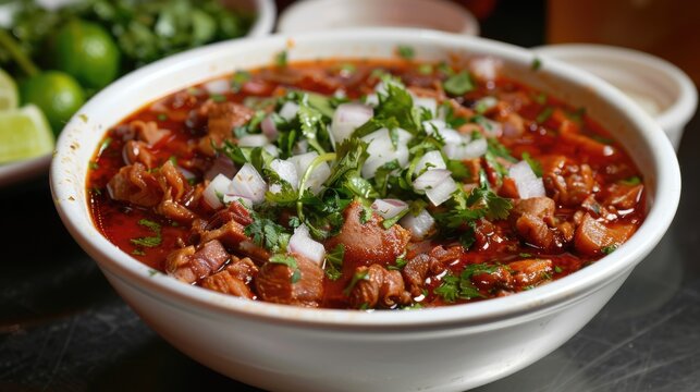 Delicious Red Menudo - Traditional Mexican Tripe Stew with Cilantro, Onion and Lime in a White Bowl