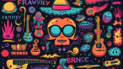 set of funky groovy elements, hand drawn , black background