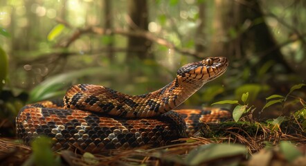 Venomous Cottonmouth Snake on Forest Floor - Close-up of Dangerous Snake in Natural Habitat