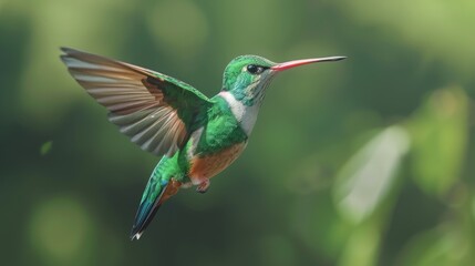 Fototapeta premium Graceful Flight of Broad-Tailed Hummingbird in Wild Nature - Colorful Kingfisher with Green Plumage