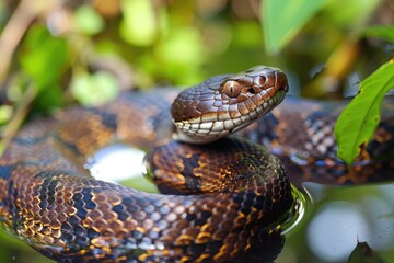 Fototapeta premium Wild Cottonmouth Snake in Florida - Close-Up of Venomous Reptile in its Natural Habitat