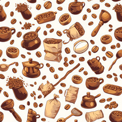 Obraz premium Seamless Coffee Bean and Tool Pattern for Coffee Shop Wallpaper Design
