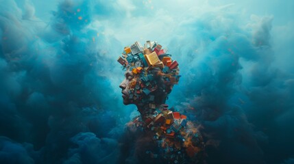 Man composed of books and objects floating in cloudy skies