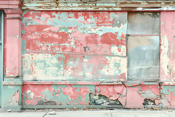 A grungy textured surface of peeled paint and decay on an old wooden wall of a building