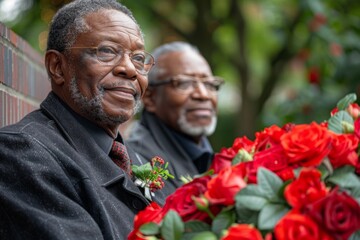 Two elderly African American men, dressed in formal black suits, sit near a vibrant display of red roses in a lush green park setting.