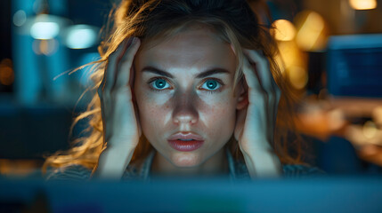 Fototapeta premium A worried young woman experiencing stress or confusion while working late on a computer