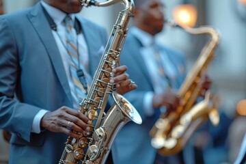 Fototapeta premium A group of musicians, dressed in smart blue suits, play saxophones at an outdoor event, focusing intently on their performance.