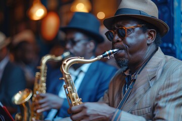 Two elderly African American men, dressed in stylish suits and hats, passionately play saxophones at a jazz bar.