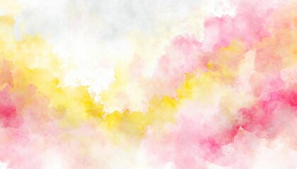 Artistic pink, yellow and white watercolor background with abstract cloudy sky concept. Grunge abstract paint splash artwork illustration. Beautiful abstract misty fog cloudscape wallpaper.
