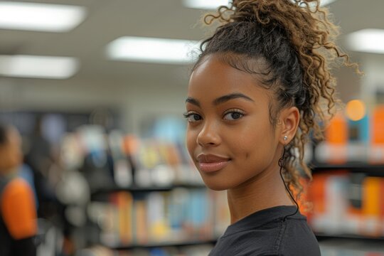 A young African American woman with curly hair and subtle makeup poses in a library, her gaze calm and direct.