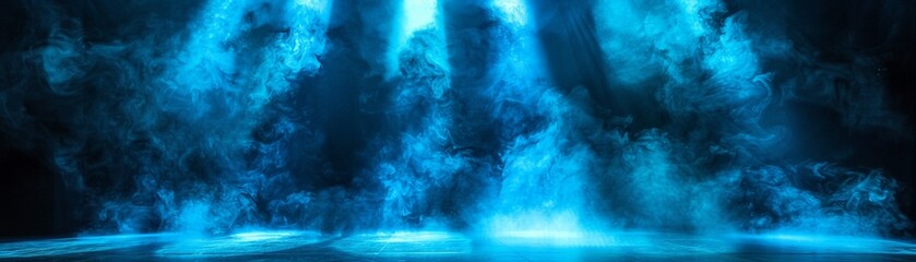 Illuminated stage with scenic lights and smoke, blue spotlight, wideangle on black , hyper detailed