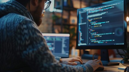 A programmer coding on a computer with lines of code displayed on the screen