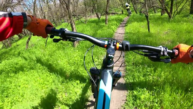 Two cyclists riding on a forest trail on mountain bikes. First-person view.
