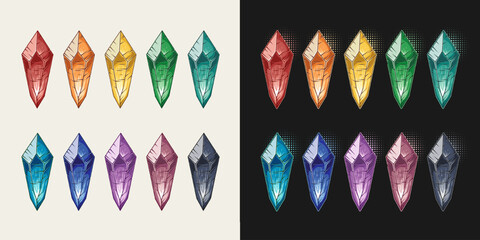Set of color monochrome crystal gems on white, black background. Magical, glowing minerals inside. Fantasy, mystical concept. Ruby, sapphire, emerald, topaz amethyst gems. Vintage style