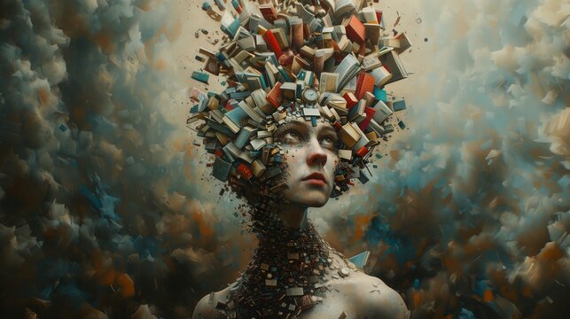 Surreal portrait of a woman with a head made of exploding books and clocks on a dramatic background