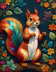 Squirrel, adorned with intricate patterns and multiple colors, giving an artistic and whimsical appearance surrounded with flowers and leaves in different colors, Generative AI.
