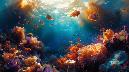 Vibrant underwater scene with coral and fish