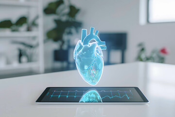 Minimalistic setting featuring a large tablet displaying a vibrant blue holographic 3D heart hovering. Treatment using modern medical technology and online treatment or telemedicine