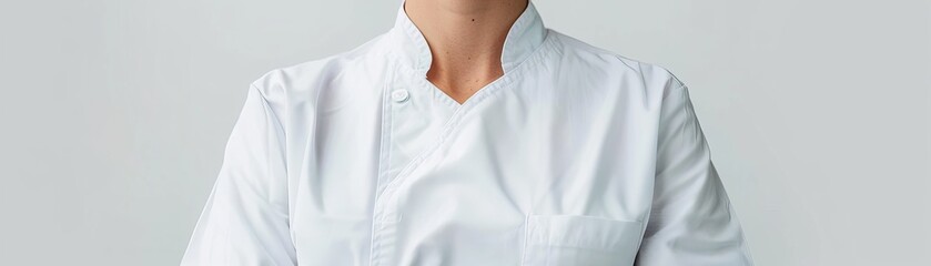 Closeup of a medical nurses torso in a crisp white uniform, isolated against a clean, white background for clarity