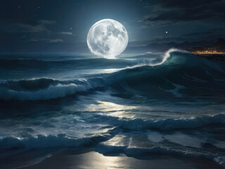 Sea or ocean waves. Beautiful landscape in moonlight.