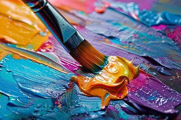 Obraz premium Colorful acrylic paint and brush close-up