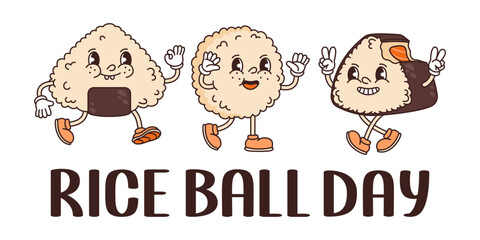 Rice ball day banner. Asian food event. Retro groovy onigiris smiling. Vector flat illustration.