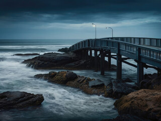 Obraz premium Sea or ocean waves. Harsh landscape with bridge.