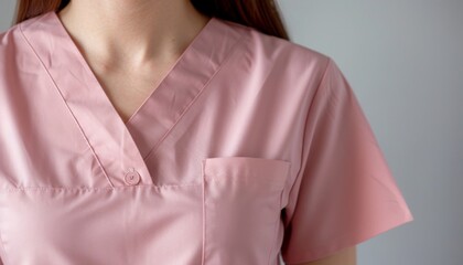 Torso of a healthcare worker in old rose scrubs, emphasizing the subtle elegance and practical design of the fabric