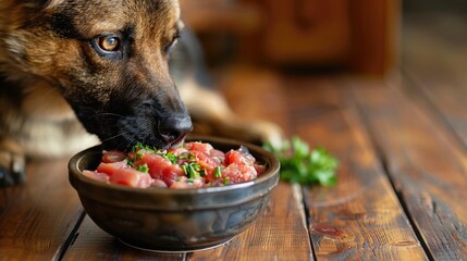 A dog sniffing a bowl filled predominantly with raw lamb and some organ meats, set on a rustic wooden floor