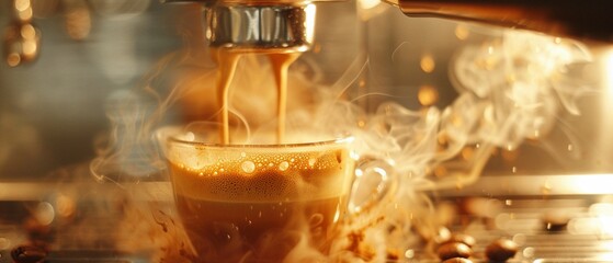 Macro of espresso flow, steam rising softly, morning light casts a warm glow, inviting kitchen environment . the best lens quality