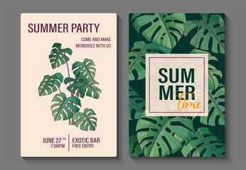 Set of tropical poster design with illustration of foliage. Vector monstera leaves. Summer, party concept. Composition with Swiss cheese leaves for postcard design, poster.